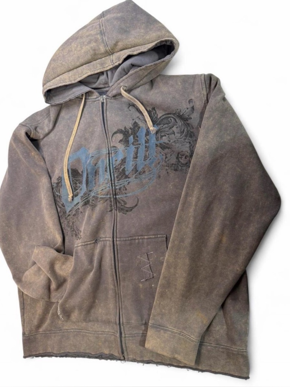 O'Neill Washed Brown Zip-Up Hoodie with Blue Graphic